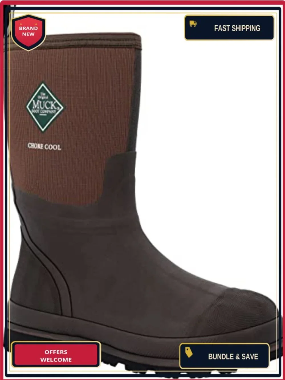 Men's Waterproof Mid-Calf Pull-On Rubber Work Boots with Vibram Outsole